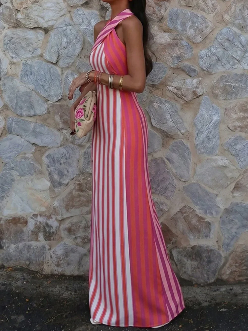 Fuchsia Elegant Women's Multicolor Striped Dress - Picture 4 of 4